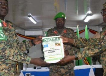 Brig. Gen. Omola handing over to Brig. Gen. Lukwago. PHOTO URN.