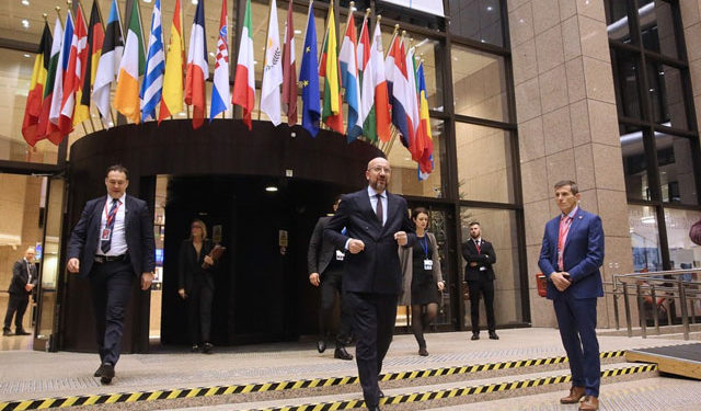 European Council President Charles Michel (C) prepares to talk with the media after the first day’s meeting of European Union (EU) leaders in Brussels, Belgium, Dec. 15, 2023. (Xinhua/Zhao Dingzhe)