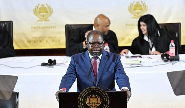 South African Finance Minister Enoch Godongwana (Front) delivers the 2024 Budget Speech in Cape Town, South Africa, on Feb. 21, 2024. South Africa’s economy is estimated to have grown by 0.6 percent last year and will increase to 1.6 percent over the next three years, Godongwana said here Wednesday. (Photo by Xabiso Mkhabela/Xinhua)