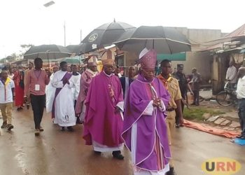 Prelates Bp Zziwa, Bp Kasujja and Bp Ssemogerere leading a procession of Christians to the Mapeera (Fr Lourdel) shrine at Kigungu where the celebrations were held. PHOTO URN