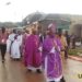 Prelates Bp Zziwa, Bp Kasujja and Bp Ssemogerere leading a procession of Christians to the Mapeera (Fr Lourdel) shrine at Kigungu where the celebrations were held. PHOTO URN