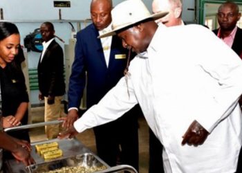 President Yoweri Museveni and former energy minister Irene Muloni during the launch of Africa Gold Refinery in Entebbe in 2017.