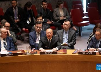 Zhang Jun (C, Front), China’s permanent representative to the United Nations, speaks in an explanation of vote after voting for a Security Council draft resolution demanding an immediate humanitarian cease-fire in Gaza, at the UN headquarters in New York, on Feb. 20, 2024. Following the U.S. veto on a Security Council draft resolution that would have demanded an immediate humanitarian cease-fire in Gaza, the Chinese envoy said Tuesday that objection to a cease-fire in Gaza is nothing different from giving the green light to the continued slaughter. (Xinhua/Xie E)