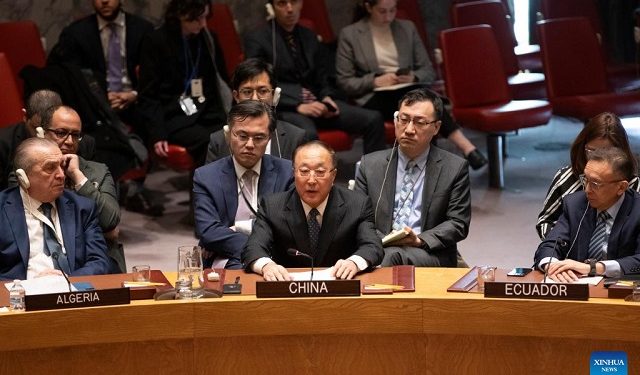 Zhang Jun (C, Front), China’s permanent representative to the United Nations, speaks in an explanation of vote after voting for a Security Council draft resolution demanding an immediate humanitarian cease-fire in Gaza, at the UN headquarters in New York, on Feb. 20, 2024. Following the U.S. veto on a Security Council draft resolution that would have demanded an immediate humanitarian cease-fire in Gaza, the Chinese envoy said Tuesday that objection to a cease-fire in Gaza is nothing different from giving the green light to the continued slaughter. (Xinhua/Xie E)