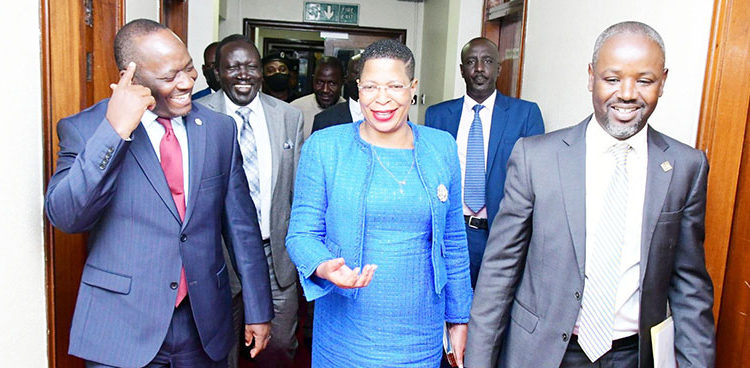 L-R: Then LoP Mathias Mpuuga with speaker Anita Among and her deputy Thomas Tayebwa
