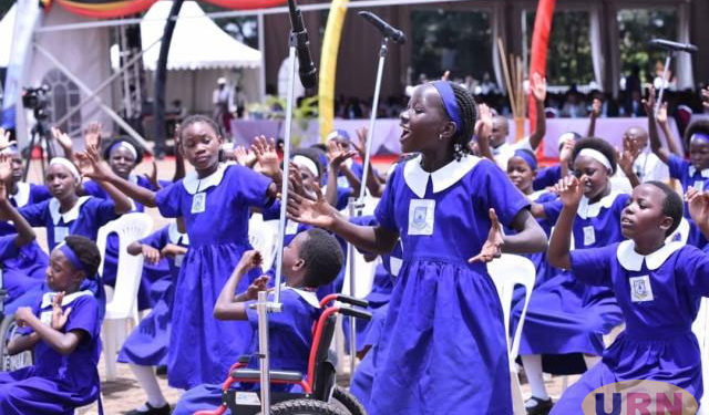 Young poets from Nakivubo Blue Primary School captivating the audience with their performance at the inaugural National Education Day. PHOTO URN