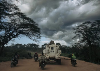 A U.N. armored vehicle drives along the Beni-Kasindi road, stronghold of the ADF (Allied Democratic Forces, an armed group originally from Uganda that pledged allegiance to ISIS in 2019 and operates in eastern DRC), on May 9 in Beni territory, North Kivu province, eastern Democratic Republic of Congo. ALEXIS HUGUET / AFP VIA GETTY IMAGES