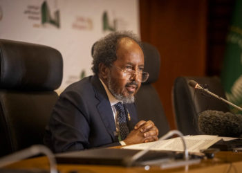 President of Somalia Hassan Sheikh Mohamud conducts a press conference at the African Union headquarters in Addis Ababa, Ethiopia on Feb. 17, 2024. Michele Spatari / AFP