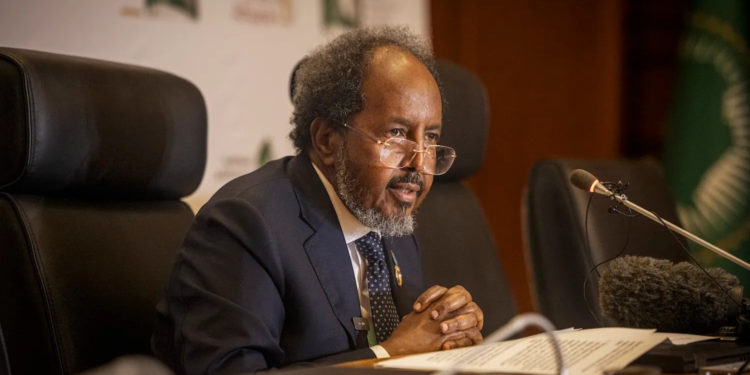 President of Somalia Hassan Sheikh Mohamud conducts a press conference at the African Union headquarters in Addis Ababa, Ethiopia on Feb. 17, 2024. Michele Spatari / AFP