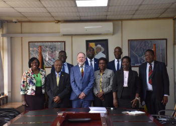 Photo Caption Acting High Commissioner, Philip Smith (centre) poses with the Minister of Health Hon. Jane Ruth Aceng and Ministry of Health Uganda officials at a courtesy visit at MOH offices to announce the UK’s support to Uganda’s Mpox response.