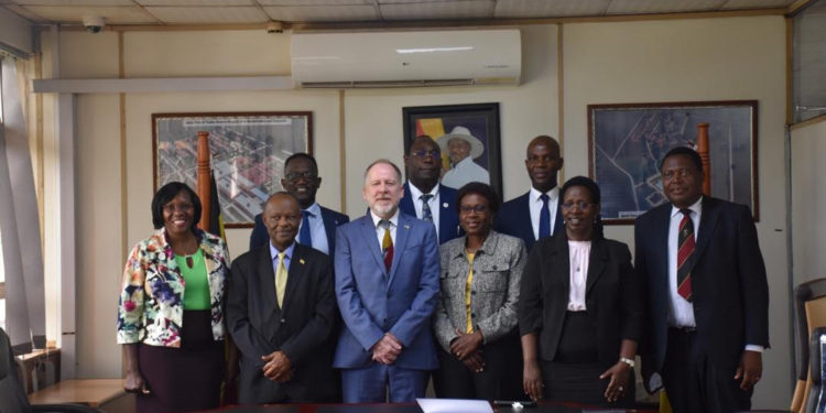 Photo Caption Acting High Commissioner, Philip Smith (centre) poses with the Minister of Health Hon. Jane Ruth Aceng and Ministry of Health Uganda officials at a courtesy visit at MOH offices to announce the UK’s support to Uganda’s Mpox response.