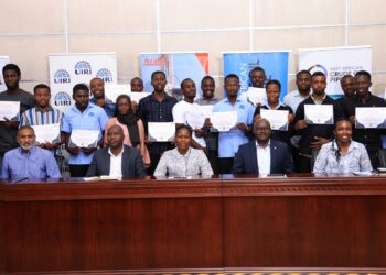 John Bosco Habumugisha, Deputy Managing Director, EACOP (2nd R), Eileen Baguma Human Resources & Corporate Affairs Director, EACOP(1st L), James Okwi, Skills Development Officer, Petroleum Authority Uganda (PAU) (2nd L), together with officials from EACOP, Avanti ESL, and Graduates of the orbital welding training.